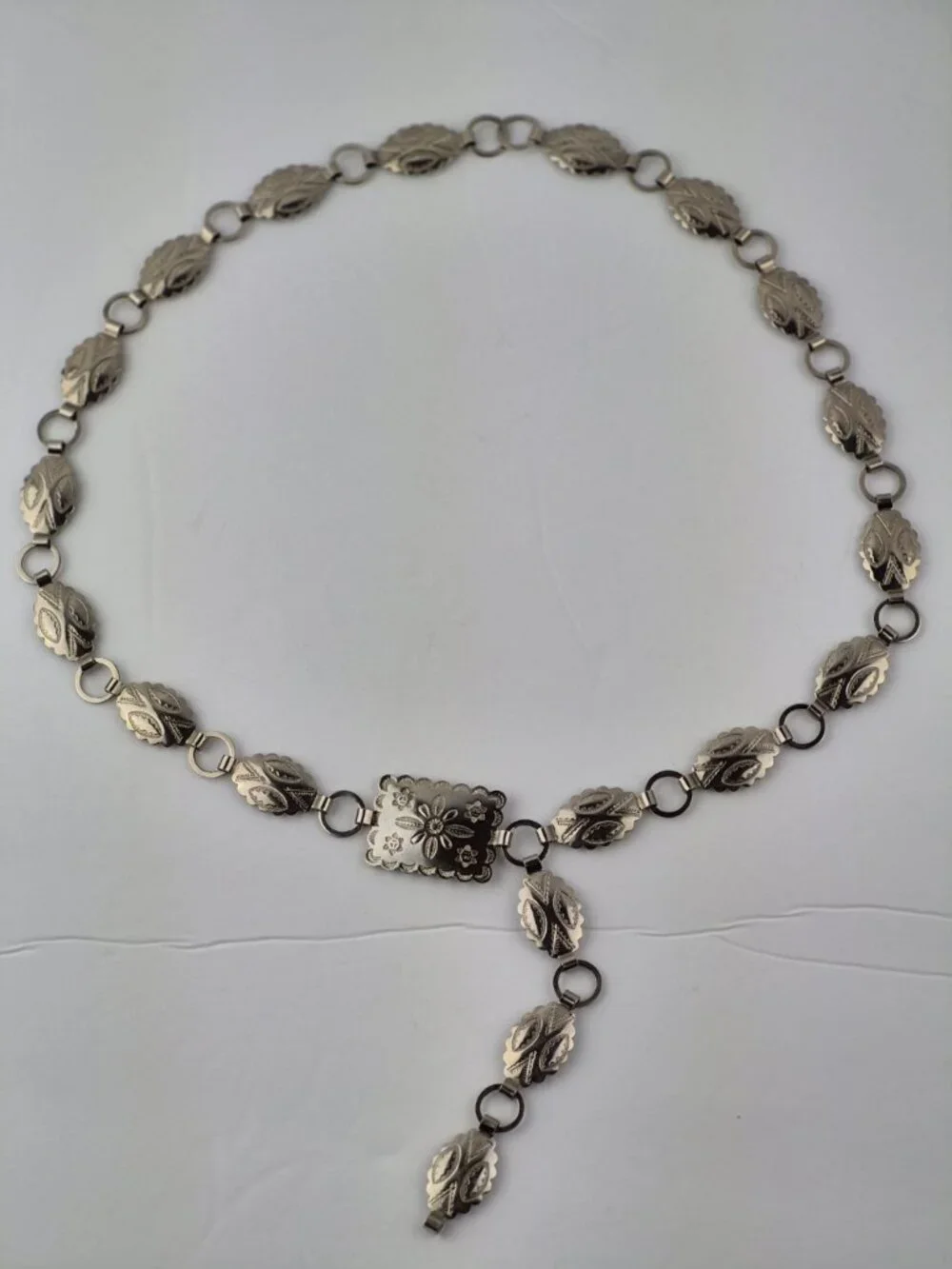 Silver Tone Concho Link Boho Belt Oval Medallions Rectangular Buckle Lightweight